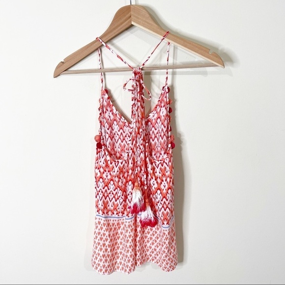 Christophe Sauvat Coral Printed Pom Pom Tasseled Adjustable Tank Top Size Small - Picture 7 of 9